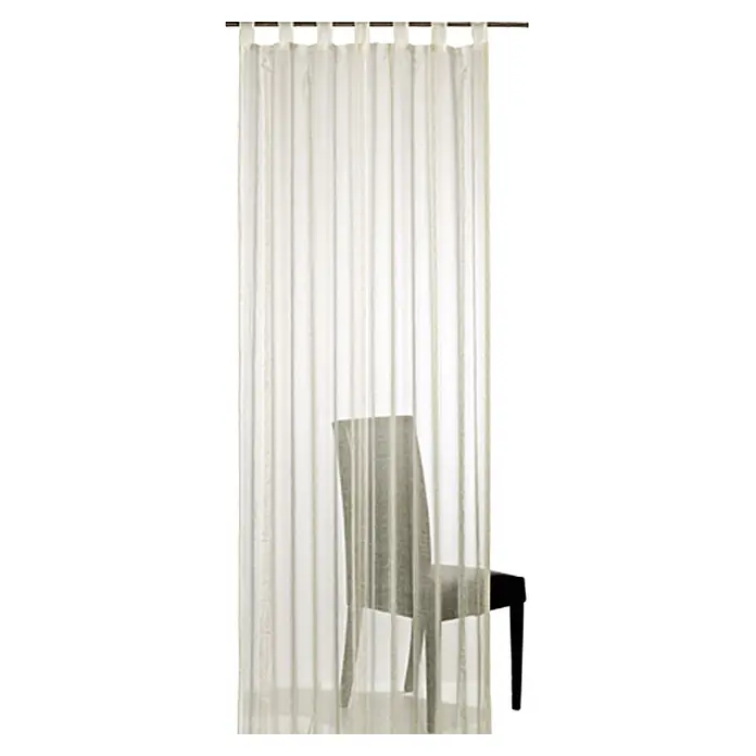 Elbersdrucke Schlaufenschal Casa - B x H: 140 x 255 cm, 80 % Polyester, 20 % Leinen, Beige - Eine transparente Gardine mit Schlaufenaufhängung, hinter der ein Stuhl leicht zu erkennen ist, sorgt für eine helle und luftige Atmosphäre.