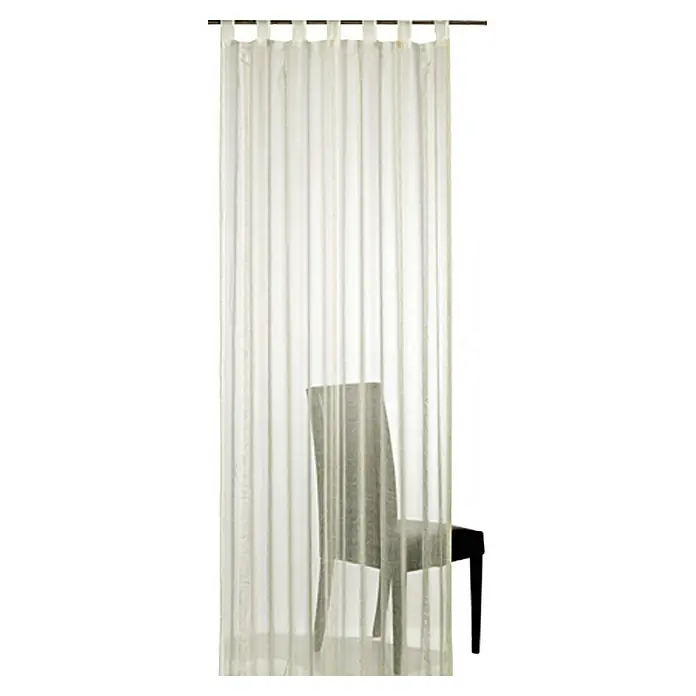 Elbersdrucke Schlaufenschal Casa - B x H: 140 x 255 cm, 80 % Polyester, 20 % Leinen, Beige - Eine transparente Gardine mit Schlaufenaufhängung, hinter der ein Stuhl leicht zu erkennen ist, sorgt für eine helle und luftige Atmosphäre.