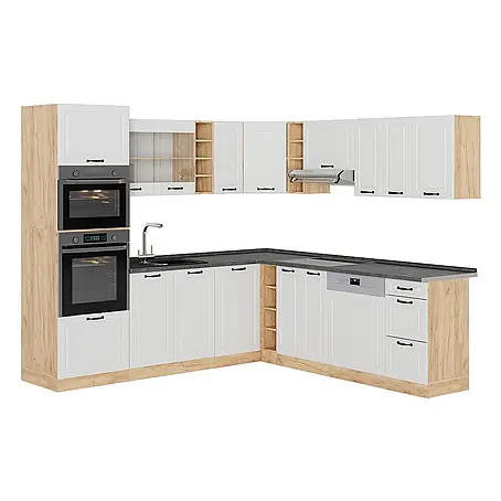 Vicco  Eckküche R-Line Weiß Landhaus/Goldkraft Eiche ohne Arbeitsplatte