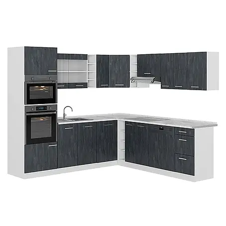 Vicco  Eckküche R-Line Schwarz Beton/Weiß AP Marmor