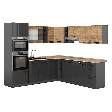 Vicco  Eckküche R-Line Anthrazit/Goldkraft Eiche zweifarbige Schränke, AP Eiche