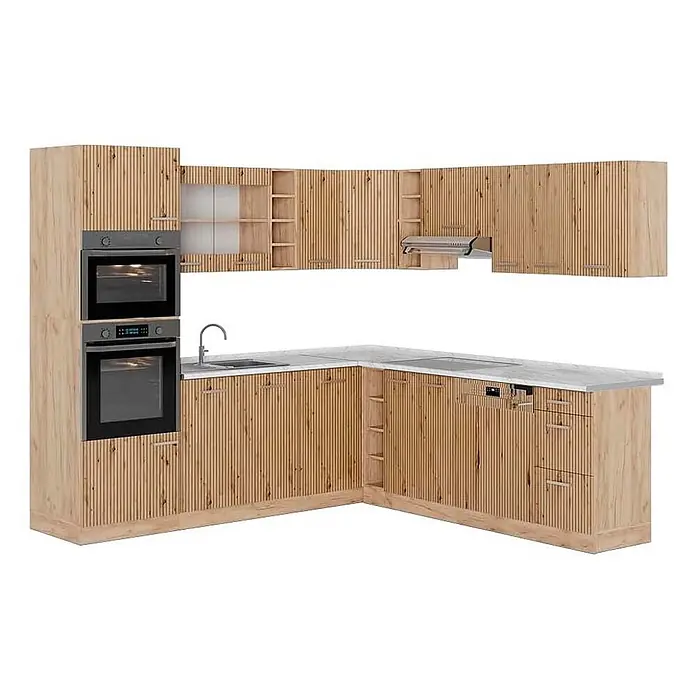 Eckküche R-Line 247 cm Artisan-Eiche Art.-Nr. 48932 -  - Helle Holz-Eckküche mit geriffelter Oberfläche, integriertem Doppelbackofen, Spüle, Kochfeld und Geschirrspüler, mit weißer Arbeitsplatte.