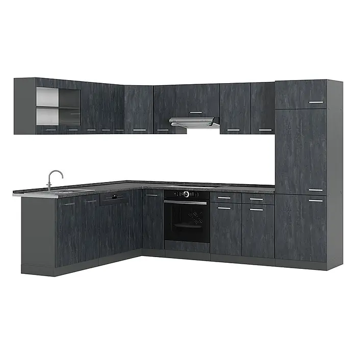 Vicco Eckküche R-Line, Schwarz Beton/Anthrazit, 287 x 227 cm -  - Dunkelgraue L-förmige Küchenzeile mit strukturierten Schränken, integrierter Spüle, Backofen, Kochfeld und Dunstabzugshaube. Inkl. hohem Vorratsschrank.