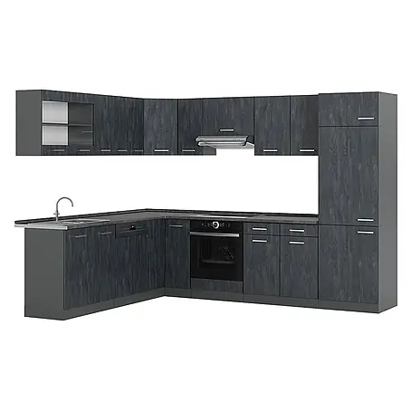Vicco Eckküche R-Line, Schwarz Beton/Anthrazit, 287 x 227 cm