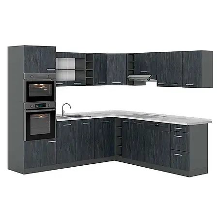 Vicco  Eckküche R-Line Schwarz Beton/Anthrazit AP Marmor