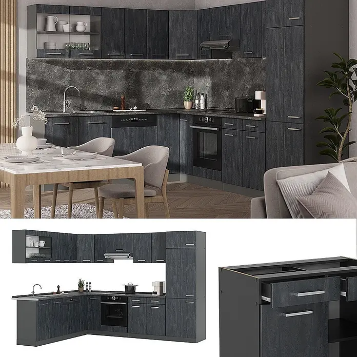 Vicco Eckküche R-Line, Schwarz Beton/Anthrazit, 287 x 227 cm -  - Dunkelgraue, strukturierte Eckküchenzeile mit Backofen, Spüle und viel Stauraum, in moderner Wohnumgebung.