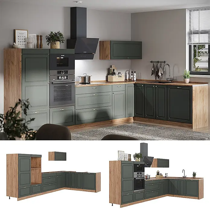 Vicco Eckküche - Grün-Gold Landhaus, Ohne Elektrogeräte
