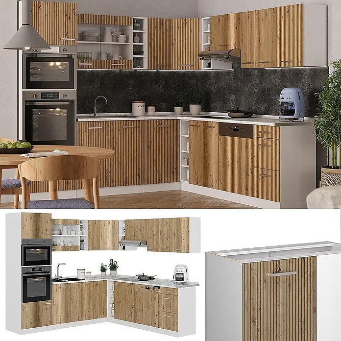 Eckküche R-Line 247 cm Artisan-Eiche Art.-Nr. 49005 -  - L-förmige Küche mit Holzlamellen-Schranktüren und weißen Rahmen, integriertem Backofen, Spüle und Geschirrspüler für ein modernes Design.