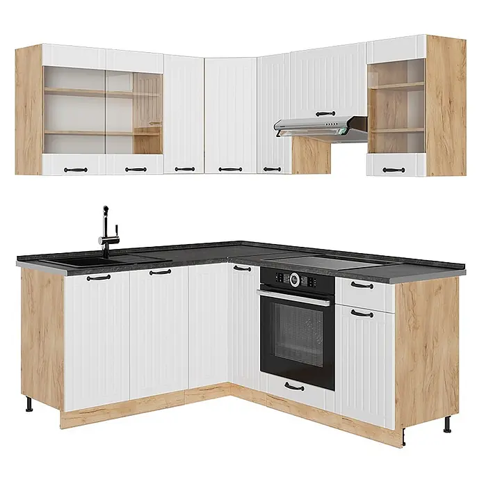 Vicco Eckküche Fame-Line, Weiß Landhaus/Goldkraft Eiche, 190 x 160 cm -  - Weiße und holzfarbene Eckküche mit gerillten Fronten, schwarzer Arbeitsplatte, integrierter Spüle, Backofen, Kochfeld und Dunstabzugshaube.