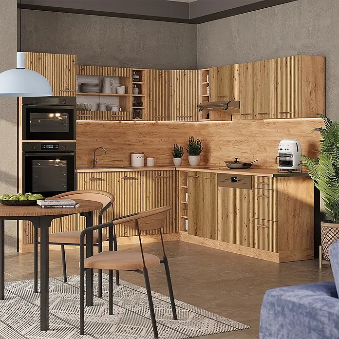 Vicco Eckküche R-Line Artisan-Eiche/Goldkraft Eiche ohne Arbeitsplatte - Artisan-Eiche, Ohne Elektrogeräte