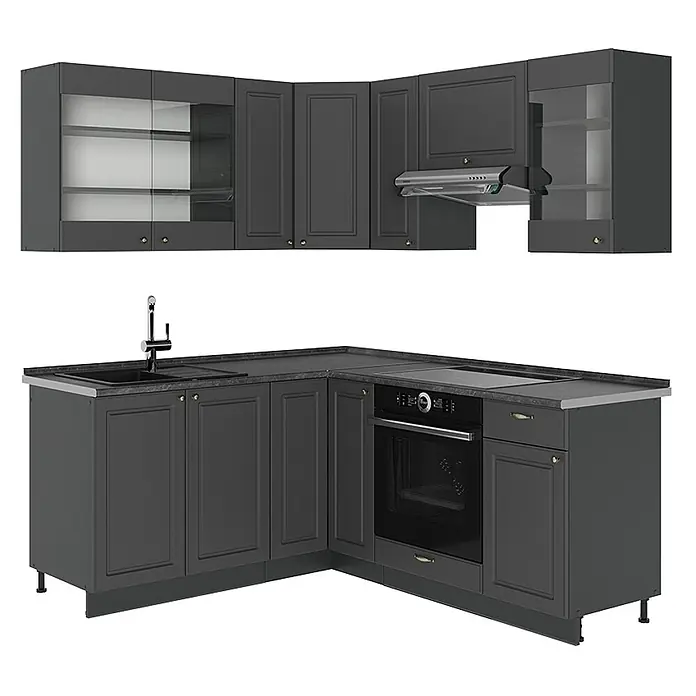 Vicco Eckküche Fame-Line, Anthrazit-Gold Landhaus/Anthrazit, 190 x 160 cm -  - Dunkelgraue L-förmige Küchenzeile mit Spüle, Wasserhahn, Backofen, Kochfeld und Dunstabzugshaube, mit Oberschränken mit Glastüren.