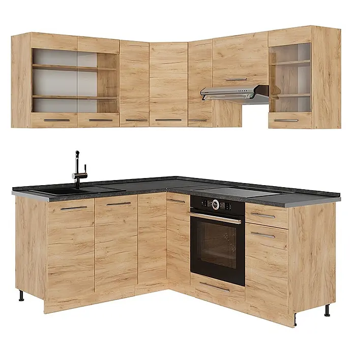 Eckküche Fame-Line 190 cm Goldkraft Eiche Art.-Nr. 56929 -  - L-förmige Küchenzeile in heller Holzoptik mit dunklen Arbeitsplatten, integrierter Spüle, Kochfeld, Backofen und Dunstabzugshaube.