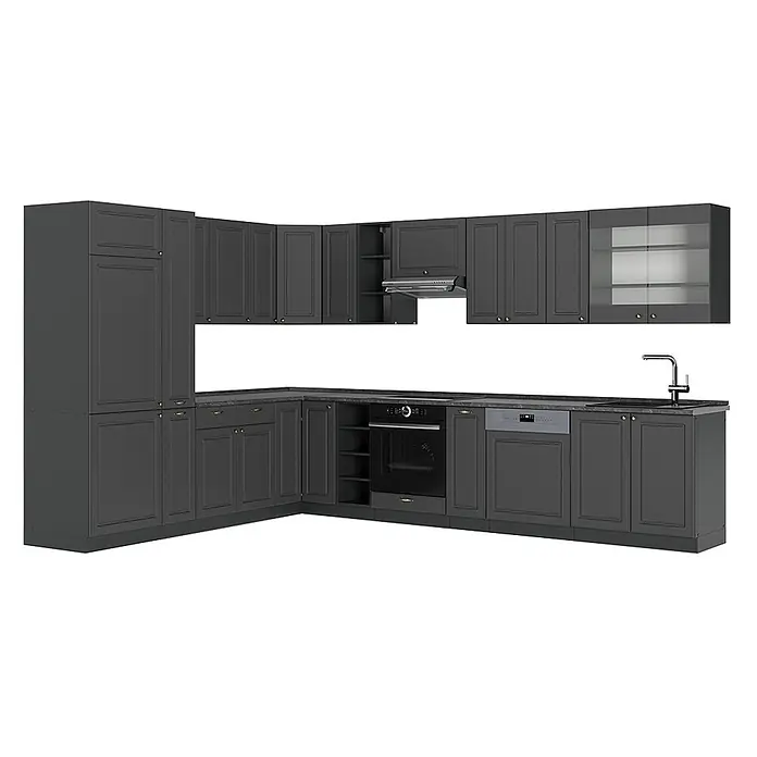 Vicco Eckküche Fame-Line, Anthrazit-Gold Landhaus/Anthrazit, 347 x 257 cm -  - Dunkelgraue L-förmige Küchenschrank-Garnitur im Shaker-Stil mit goldfarbenen Griffen, schwarzer Arbeitsplatte, integriertem Backofen, Geschirrspüler und Spüle.