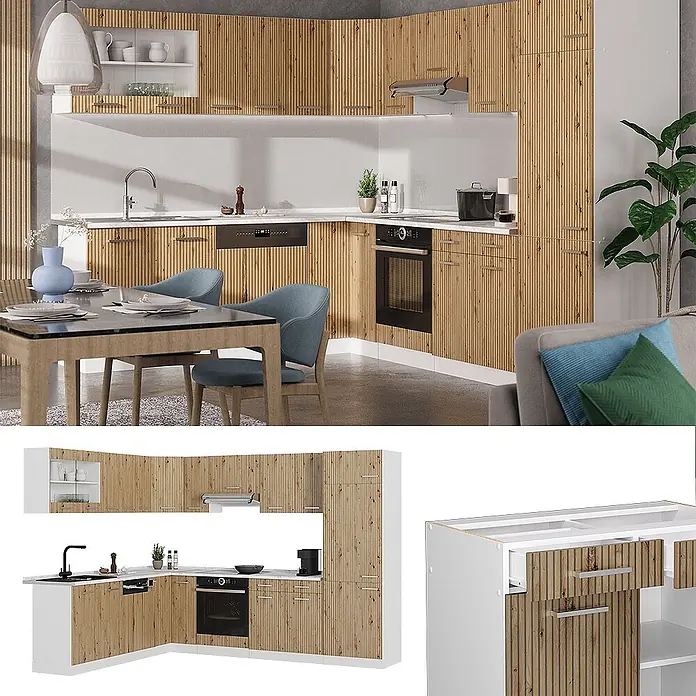 Eckküche R-Line 287 cm Artisan-Eiche Art.-Nr. 48982 -  - L-förmige Küche mit hellen Holzlamellenfronten, weißen Arbeitsplatten und modernen Geräten.