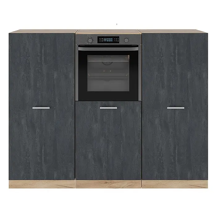 Vicco Küchenleerblock R-Line Schwarz Beton/Goldkraft Eiche ohne Arbeitsplatte - Schwarz Beton - Dunkelgrauer Küchenschrank mit heller Holzplatte und Sockel, inklusive schwarzem Einbaubackofen und silbernen Griffen.