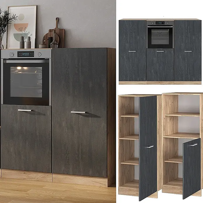 Vicco Küchenleerblock R-Line Schwarz Beton/Goldkraft Eiche ohne Arbeitsplatte - Schwarz Beton - Dunkelgrauer Küchenhochschrank mit integriertem Backofen und heller Holzverkleidung/Regalen.