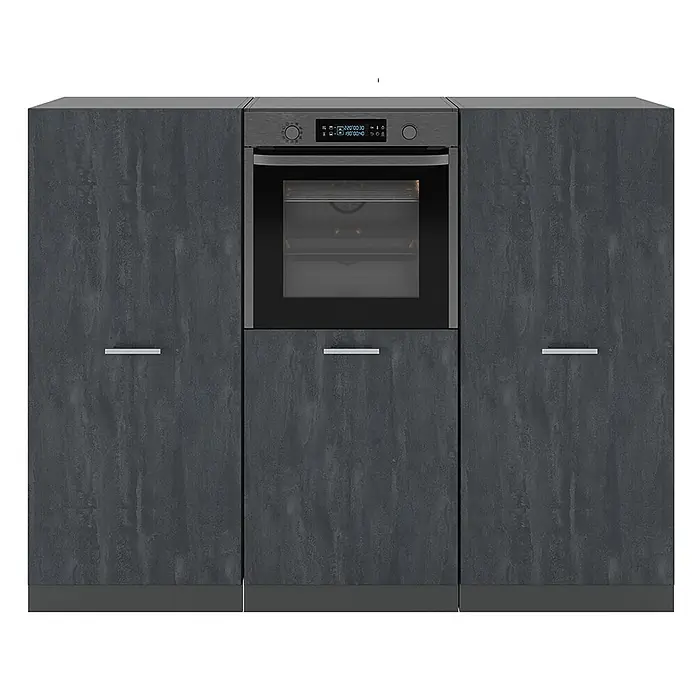 Vicco Küchenleerblock R-Line Schwarz Beton/Anthrazit ohne Arbeitsplatte - Schwarz Beton - Dunkelgrauer strukturierter Küchenschrank mit integriertem Backofen und silbernen Griffen.