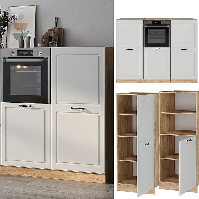 Vicco Küchenleerblock R-Line Weiß Landhaus/Goldkraft Eiche ohne Arbeitsplatte - Weiß Landhaus - Weiße Küchenschränke mit hellem Holzdekorrahmen, inklusive Backofenumbauschrank und Hochschränken.