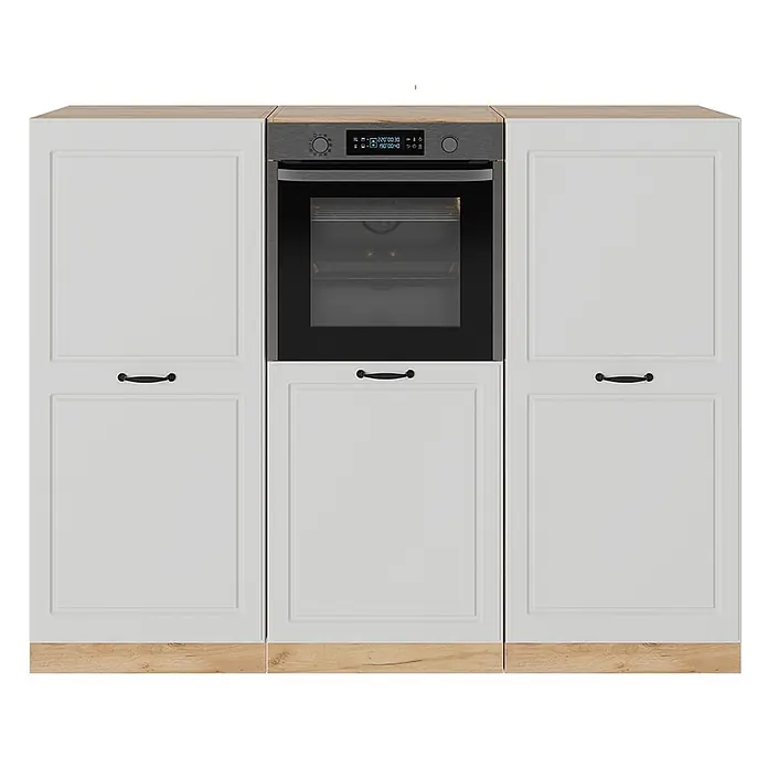 Vicco Küchenleerblock R-Line Weiß Landhaus/Goldkraft Eiche ohne Arbeitsplatte - Weiß Landhaus - Weiße Küchenschränke mit schwarzen Griffen, heller Holzplatte und integriertem schwarzen Backofen.