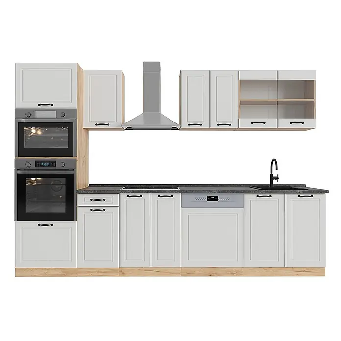 Vicco Küchenzeile R-Line Weiß Landhaus/Goldkraft Eiche mit Hochschrank, AP Anthrazit - Weiß Landhaus, Ohne Elektrogeräte