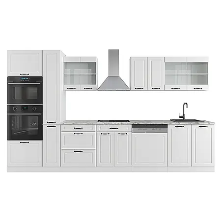 Vicco  Küchenzeile R-Line Weiß Landhaus/Weiß mit Hochschrank, AP Marmor