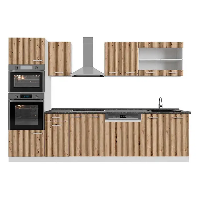 Küchenzeile R-Line 300 cm Artisan-Eiche Art.-Nr. 48977 -  - Moderne Küchenzeile mit hellen Holzlamellenschränken, dunklen Arbeitsplatten, integrierten Öfen, Kochfeld, Spüle, Geschirrspüler, Dunstabzugshaube.
