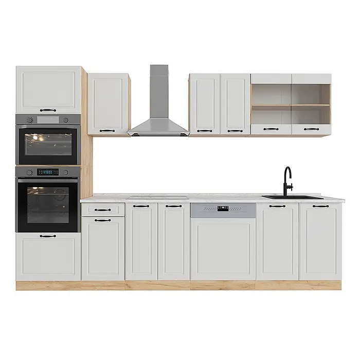 Vicco Küchenzeile R-Line Weiß Landhaus/Goldkraft Eiche mit Hochschrank, AP Marmor - Weiß Landhaus, Ohne Elektrogeräte