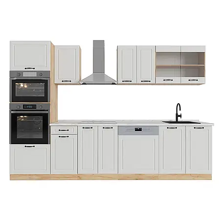 Vicco  Küchenzeile R-Line Weiß Landhaus/Goldkraft Eiche mit Hochschrank, AP Marmor