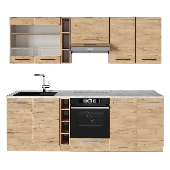 Küchenzeile Fame-Line 235 cm Goldkraft Eiche Art.-Nr. 57548 -  - Moderne Küchenzeile in heller Holzoptik mit weißer Arbeitsplatte, integrierter Spüle, Backofen, Kochfeld und Dunstabzugshaube für Stauraum und Kochfunktionen.