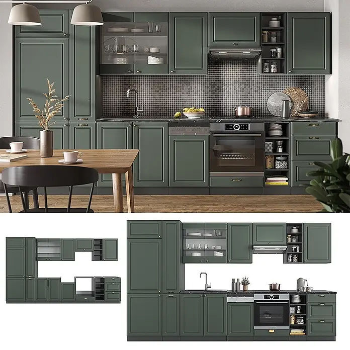 Vicco Küchenzeile Fame-Line Grün-Gold Landhaus/Anthrazit, AP Anthrazit - Breite: 355 cm, Grün-Gold Landhaus, Ohne Elektrogeräte - Dunkelgrüne Küche im klassischen Stil mit Einbaugeräten und Essbereich. Modulare Komponenten gezeigt.