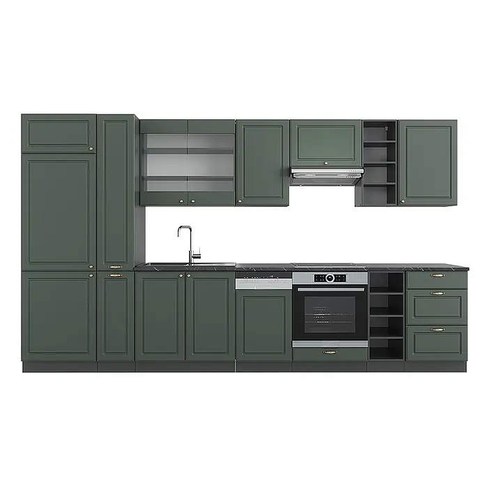 Vicco Küchenzeile Fame-Line Grün-Gold Landhaus/Anthrazit, AP Anthrazit - Breite: 355 cm, Grün-Gold Landhaus, Ohne Elektrogeräte - Modulare dunkelgrüne Küche mit Spüle, Backofen, Kochfeld, Geschirrspüler und Schränken mit Glasfront.