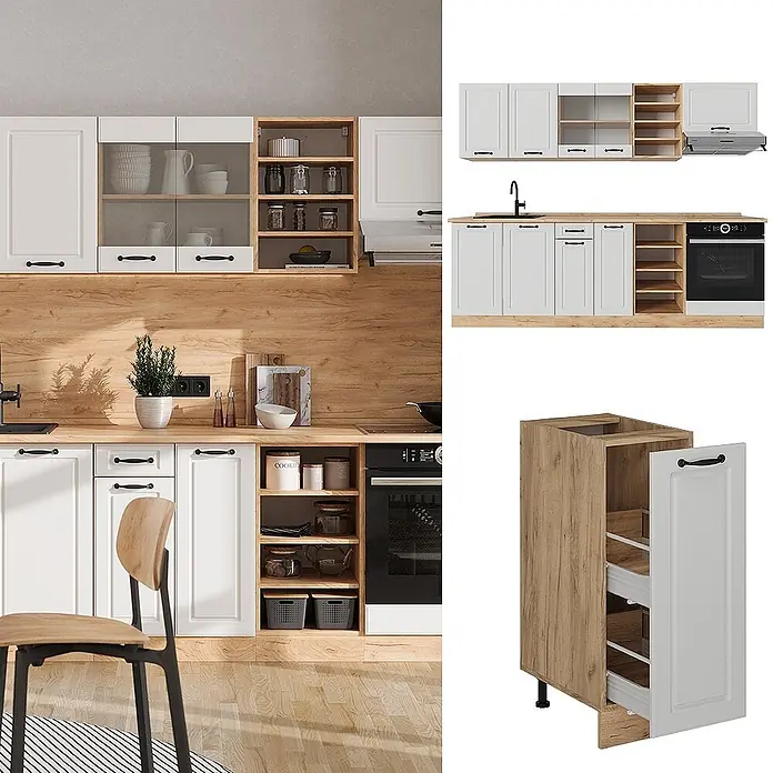 Vicco Küchenzeile R-Line Weiß Landhaus/Goldkraft Eiche, AP Eiche - Weiß Landhaus, Ohne Elektrogeräte
