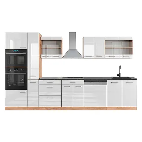 Vicco  Küchenzeile R-Line Weiß Hochglanz/Goldkraft Eiche mit Hochschrank, AP Anthrazit