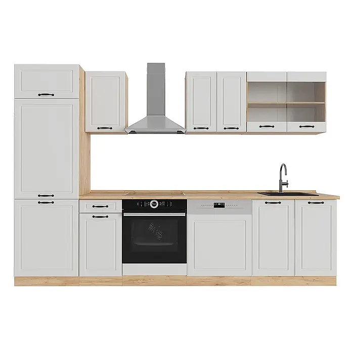 Vicco Küchenzeile R-Line Weiß Landhaus/Goldkraft Eiche, AP Eiche - Breite: 300 cm, Weiß Landhaus, Ohne Elektrogeräte - Fehér shaker konyhabútor, világos fa hatású munkalappal és beépített rozsdamentes acél gépekkel: sütő, mosogatógép, mosogató, páraelszívó.