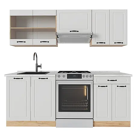 Vicco  Küchenzeile R-Line Weiß Landhaus/Goldkraft Eiche, AP Marmor
