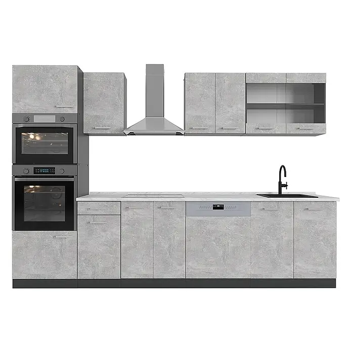 Vicco Küchenzeile R-Line Beton/Anthrazit mit Hochschrank, AP Marmor - Breite: 300 cm, Beton, Ohne Elektrogeräte - Hellgraue, betonoptische Modulküche mit integrierten Öfen, Mikrowelle, Geschirrspüler, Kochfeld, Spüle und Dunstabzugshaube.