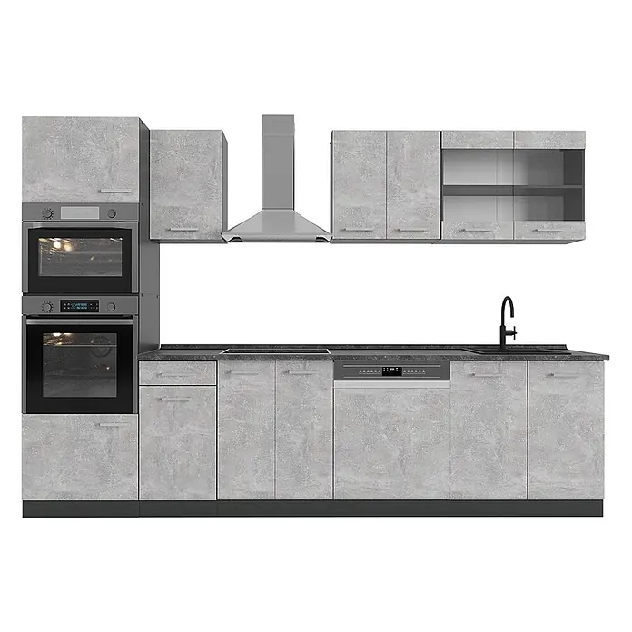 Vicco Küchenzeile R-Line Beton/Anthrazit mit Hochschrank, AP Anthrazit - Breite: 300 cm, Beton, Ohne Elektrogeräte - Moderne hellgraue Küche in Betonoptik mit integrierten Geräten wie Öfen, Kochfeld, Geschirrspüler, Spüle und Dunstabzugshaube.
