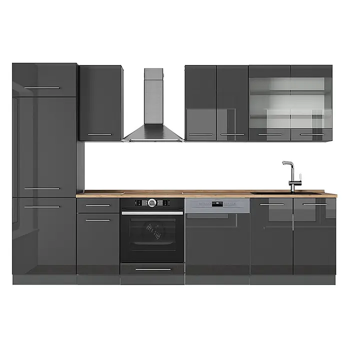 Vicco Küchenzeile Fame-Line, Anthrazit Hochglanz, 300 cm -  - Moderne dunkelgraue Hochglanz-Küchenzeile mit Holzplatte, integriertem Backofen, Geschirrspüler, Spüle und passenden Hängeschränken und Dunstabzugshaube.