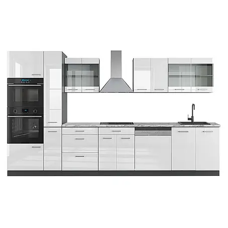 Vicco  Küchenzeile R-Line Weiß Hochglanz/Anthrazit mit Hochschrank, AP Marmor