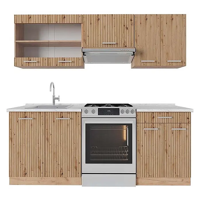 Küchenzeile R-Line 200 cm Artisan-Eiche Art.-Nr. 48923 -  - Küchenschrank-Set in Holzoptik mit vertikalen Lamellen, silbernen Griffen, weißer Arbeitsplatte, Spüle und Herd.
