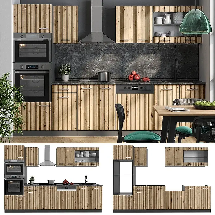 Vicco Küchenzeile R-Line, Artisan-Eiche, 300 cm -  - Moderne Küche mit Lamellenfronten aus Naturholz, dunklen Arbeitsplatten und integrierten Geräten.