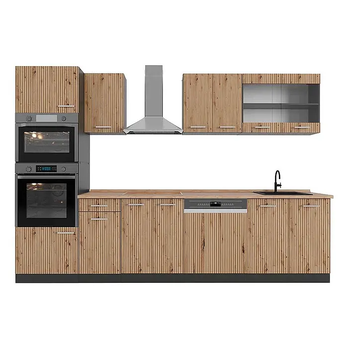 Vicco Küchenzeile R-Line, Artisan-Eiche, 300 cm -  - Moderne Küchenzeile mit hellen Holzlamellenschränken, dunkelgrauen Geräten inkl. Doppelofen, Geschirrspüler, Spüle und Dunstabzugshaube.