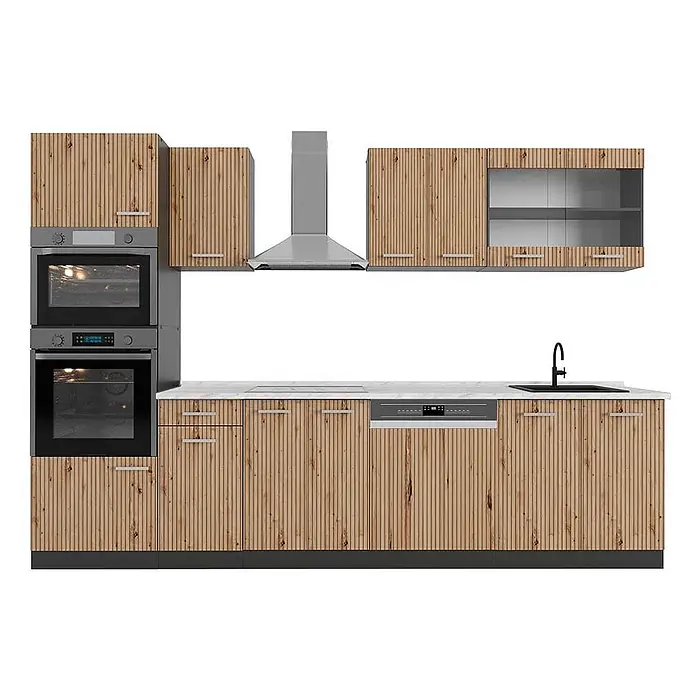 Küchenzeile R-Line 300 cm Artisan-Eiche Art.-Nr. 48945 -  - Moderne Küchenzeile mit hellen Holzlamellenfronten, integriertem Doppelbackofen, Geschirrspüler, Spüle und Dunstabzugshaube.