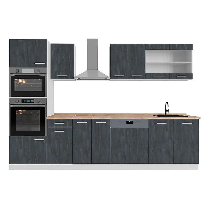 Vicco Komplettküche R-Line, Schwarz Beton, 300 cm -  - Dunkelgraue modulare Küchenzeile mit Holzdekor-Schränken, integrierten Öfen, Dunstabzug, Spüle und Geschirrspüler, mit heller Arbeitsplatte.