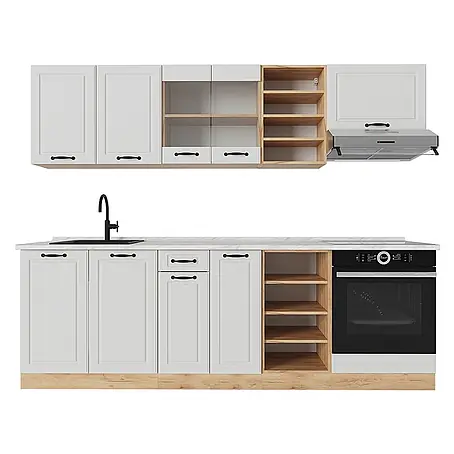 Vicco  Küchenzeile R-Line Weiß Landhaus/Goldkraft Eiche, AP Marmor