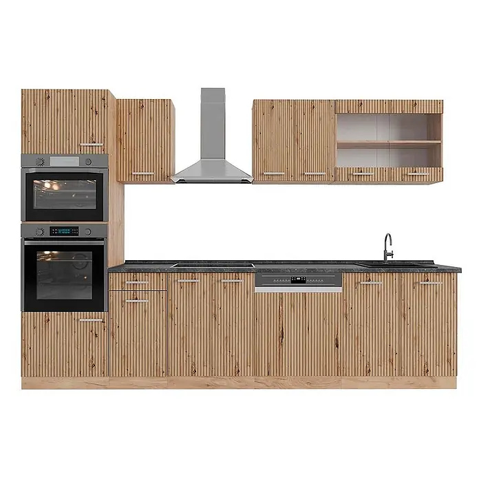 Vicco Küchenzeile R-Line, Artisan-Eiche/Goldkraft Eiche, 300 cm -  - Modulare Küche mit hellen Holzfronten in Rillenoptik, dunkler Arbeitsplatte, Einbaubacköfen, Dunstabzugshaube und Geschirrspüler.