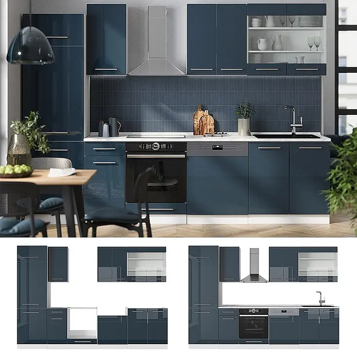 Vicco Küchenzeile Fame-Line, Dunkelblau Hochglanz/Weiß, 300 cm -  - Moderne blaue Hochglanz-Modulküche mit integriertem Backofen, Geschirrspüler und Spüle, bestehend aus Hochschränken, Ober- und Unterschränken.