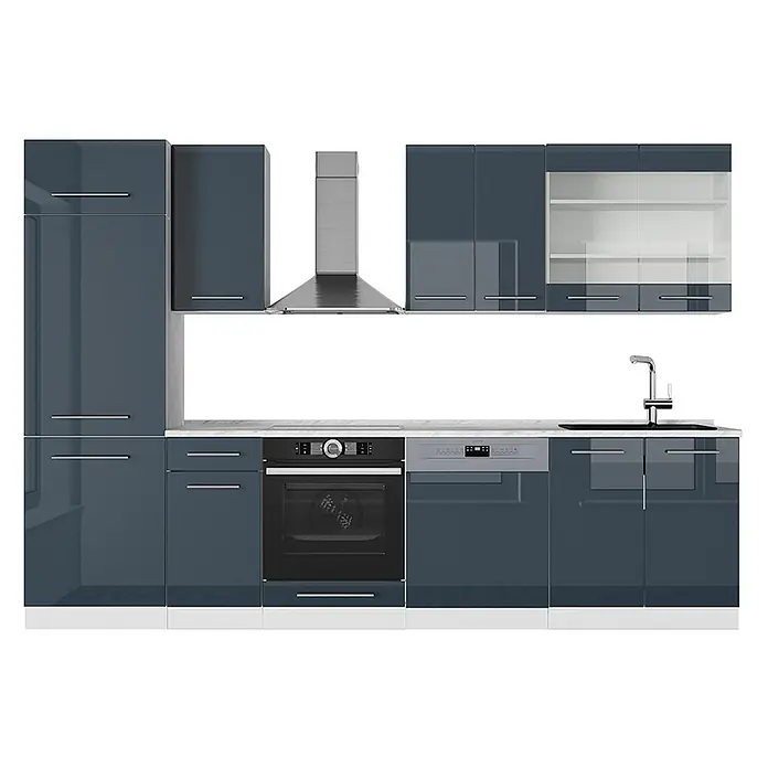 Vicco Küchenzeile Fame-Line, Dunkelblau Hochglanz/Weiß, 300 cm -  - Dunkelblaue Hochglanz-Einbauküche mit weißer Arbeitsplatte, integriertem Backofen, Geschirrspüler, Dunstabzugshaube und Spüle.