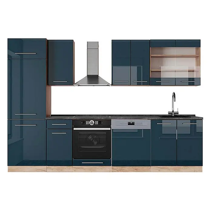 Vicco Küchenzeile Fame-Line Dunkelblau Hochglanz/Goldkraft Eiche, AP Anthrazit - Breite: 300 cm, Dunkelblau Hochglanz, Ohne Elektrogeräte - Modulare dunkelblaue Hochglanzküche mit dunkler Arbeitsplatte, integriertem Backofen, Geschirrspüler, Spüle und Dunstabzugshaube.