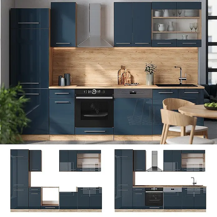 Vicco Küchenzeile Fame-Line Dunkelblau Hochglanz/Goldkraft Eiche, AP Anthrazit - Breite: 300 cm, Dunkelblau Hochglanz, Ohne Elektrogeräte - Moderne Küche mit glänzenden blauen Schränken, Holzdetails und integrierten Geräten. Umfasst Hochschränke, Ober- und Unterschränke.